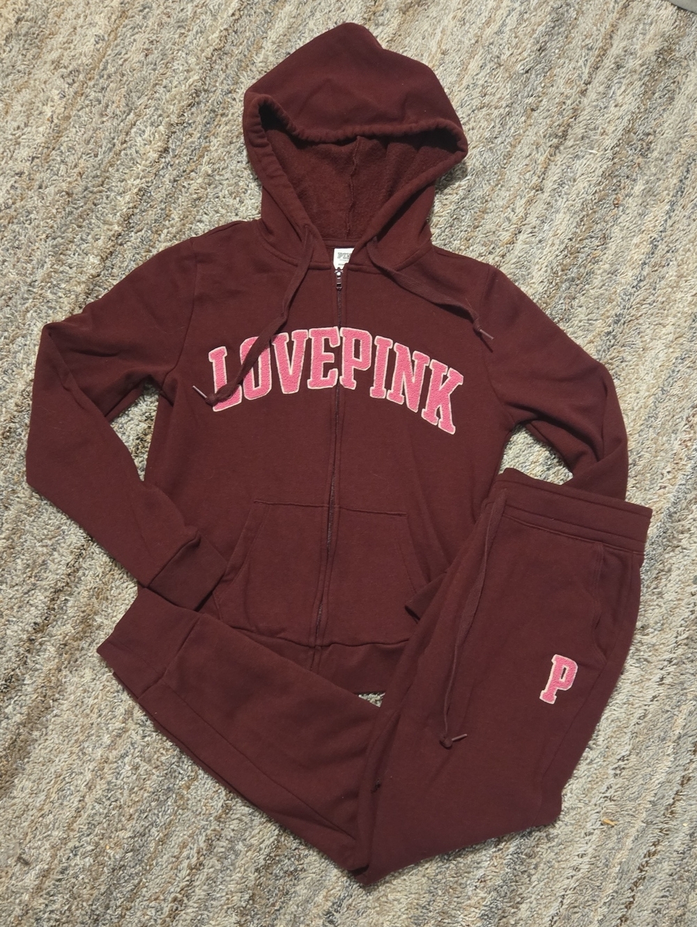 PINK Victoria's Secret Maroon Zip Hoodie & Joggers Set with Pink Logo
